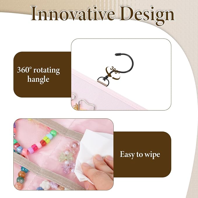 2 Pack Hanging Jewelry Organizer Storage with 48 Pockets and Hooks Dual-Sided Hanging Jewelry Organizers and Storage Hang on Closet, Wall, Door for Earrings, Necklaces, Rings,Pink