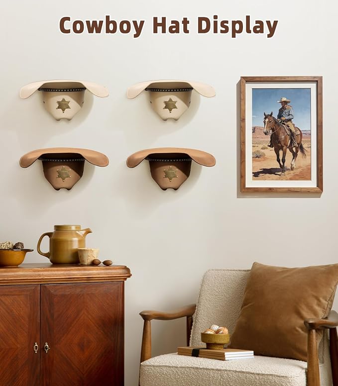 Cowboy Hat Rack 4-Pack Dual Arm Metal Wall Mount for Wide Brim Hats Rustic | Rustic wall hat rack with extended dual arms, fits cowboy hats, fedoras and wide-brim caps to prevent brim bending.