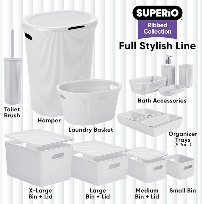 Superio Ribbed Collection - Decorative Plastic Basket Open Home Storage Bins Organizer, X-Large White Smoke (1 Pack) Container Boxes for Organizing Closet Storage Bins for Shelves 22 Liter/23 Quart
