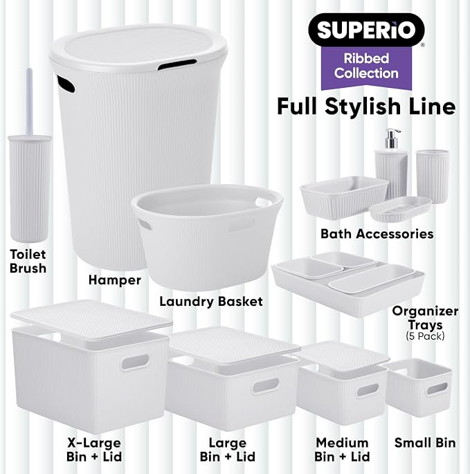 Decorative Plastic Basket Lidded Home Storage Bins Organizer Baskets, Large White Smoke (1 Pack - 15 Liter) Stackable Container Box, for Organizing Closet Storage Bins for Shelves - Ribbed Collection