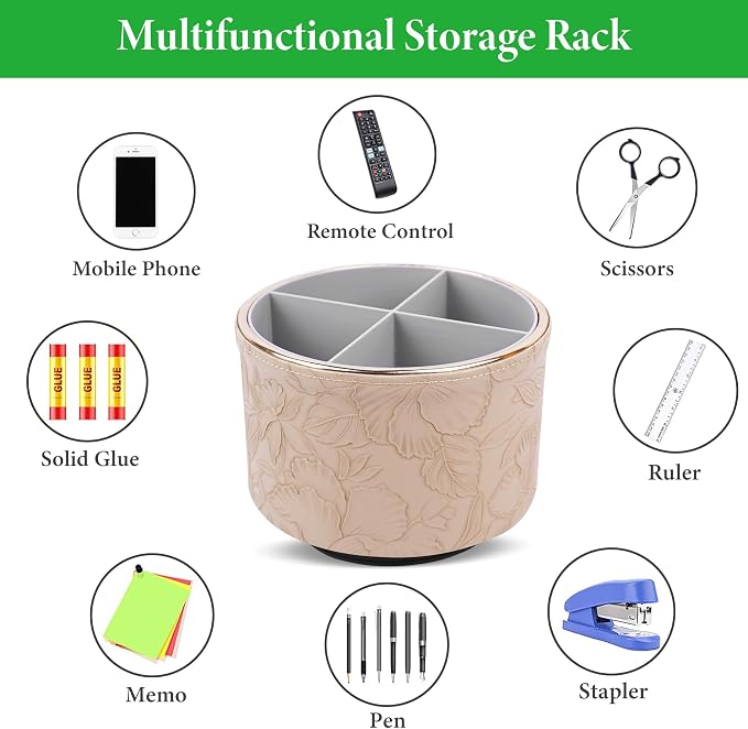 Round Leather Art Supply Organizer,Remote Control Holder,360 Degree Spinning,Multi-Functional Pencil Holder,4 Compartments Desktop Stationary Organizer(1-Golden Apricot)