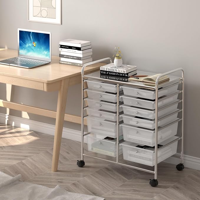 DREAMADE Rolling Cart with Storage Drawers, Utility Cart with Removable Plastic Drawers, Lockable Wheels, Art Cart for Classroom Organization Art Supplies Office Scrapbook (12 Drawers, Transparent)