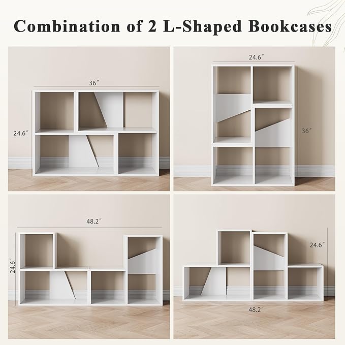 MapleGrace 6 Cube Storage Organizer, Wooden Storage Shelves Bookcase with Back Panels, Stackable Display Bookshelf Includes 2 Wicker Baskets for Living Room, Bedroom, Study, Hallway, White