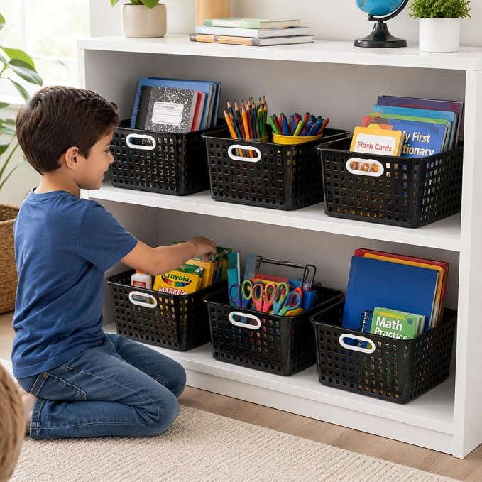 6 Pack Plastic Classroom Storage Baskets, Organizer Bins with Handle | Black Color 11" × 7.1" × 4.6" Medium Papers Book Storage Organizer for School Classroom Library Office Home Desktop Bookshelf