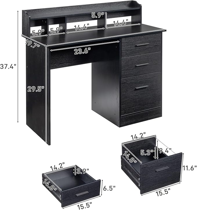 Karl home Black Computer Desk with Drawers ＆ Desktop Hutch, Modern Work Study Gaming Writing Home Office Desks with Storage for Kids, Small Wood Table for Bedroom, PC Laptop Workstation