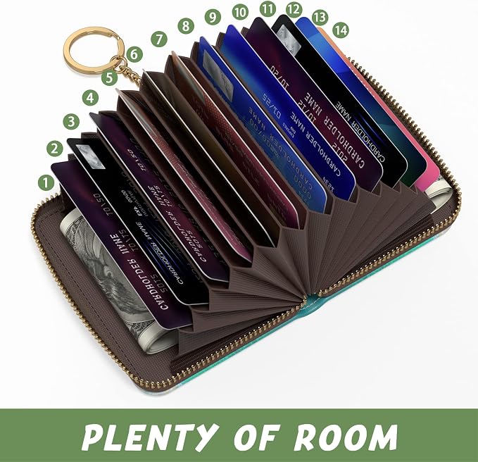 Aiawoxc Credit Card Holder for Women, Small RFID Wallet Slim Leather Card Organizer Case with Zipper and Keychain, Cyan Marble