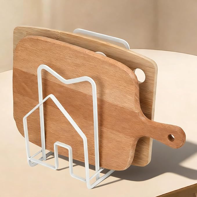 Multi-functional stainless steel kitchen cutting board rack-a compartmentalized storage rack that can accommodate 3-5 cutting boards/baking trays/trays,saving counter space (White)