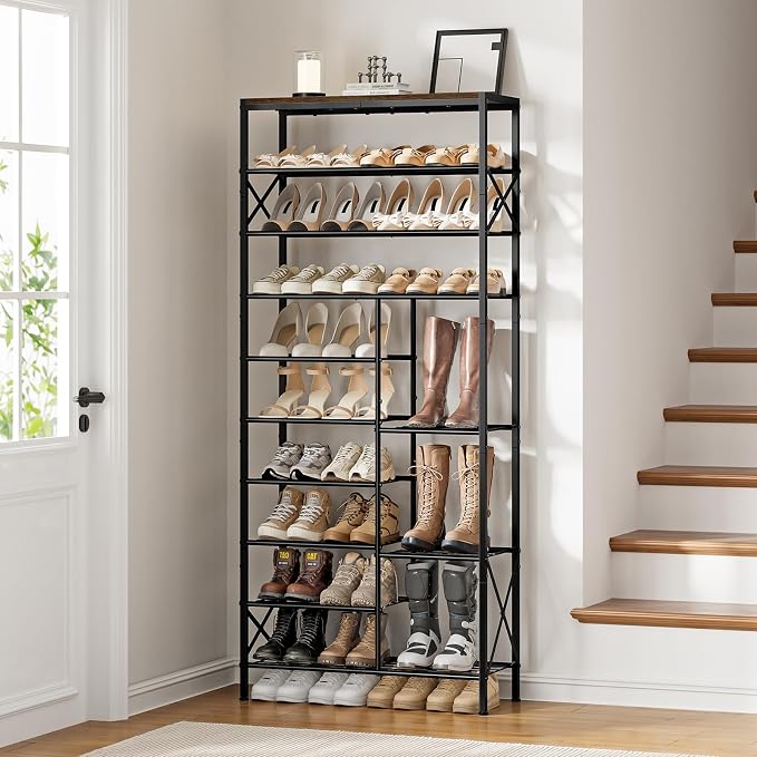 10-Tier Shoe Rack, Shoe Storage Organizer with Boots Storage, Large Capacity Shoe Shelf Holds 27-30 Pairs of Shoes, Durable and Stable, for Entryway, Closet, Hallway, Dorm Room, Rustic Brown