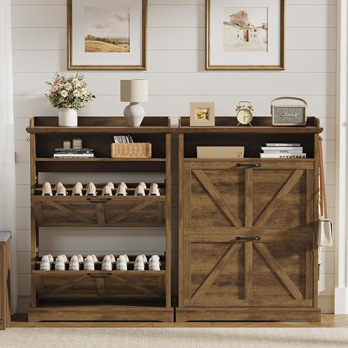 Shoe Cabinet with 2 Flip Drawers, Farmhouse Narrow Shoe Cabinet Organizer with Double-Layer Top, Freestanding entryway organizer with adjustable shelves and hooks, for, Foyer, Hallway, Brown