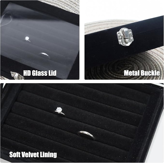 Small Velvet Jewelry Tray with Clear Lid, Lockable Ring Earring Holder Organizer Storage Box Case Jewelry Box Organizer for Rings Earrings Bracelets Brooches, 8 Rolls Black