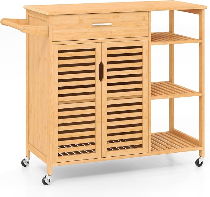 Bamboo Kitchen Island Cart, Rolling Butcher Block with Large Drawer, 2-Door Cabinet, 3-Tier Open Shelves, Towel Rack, Kitchen Carts on Wheels with Storage for Dining Room