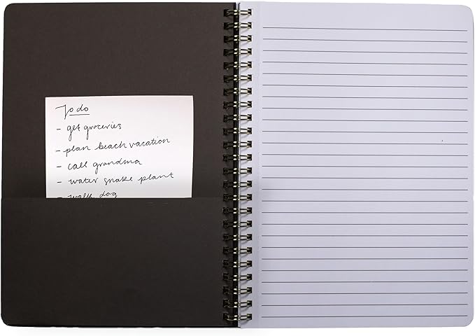 Steel Mill & Co Cute Black Mini Spiral Notebook, 8.25" x 6.25" Journal with Durable Hardcover and 160 Lined Pages, Linear Gold Floral