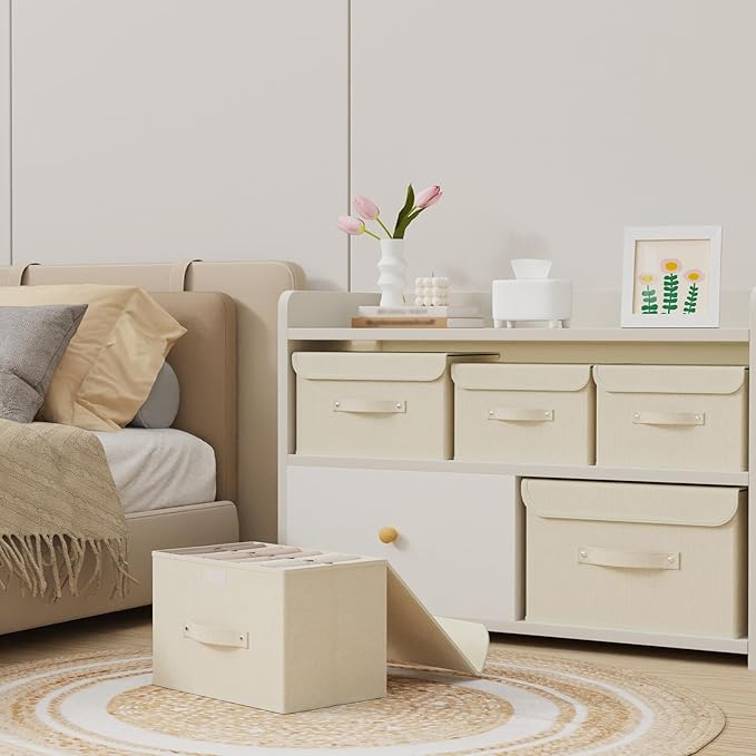 Fabric Storage Bins Cube Organizers with Flip-Top Lid and Handles,Storage Boxes for Organizing Home,Office,and Closet,Beige,5 Pack 13 X 9.1 X 7.9 in