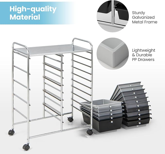 BECOMFORT 15-Drawer Rolling Cart with Drawers, Storage Cart on Wheels, Teacher Classroom Organizers with Metal Frame, Mobile Craft Cart for Tools, Trolley Utility Cart for School Office Play Room