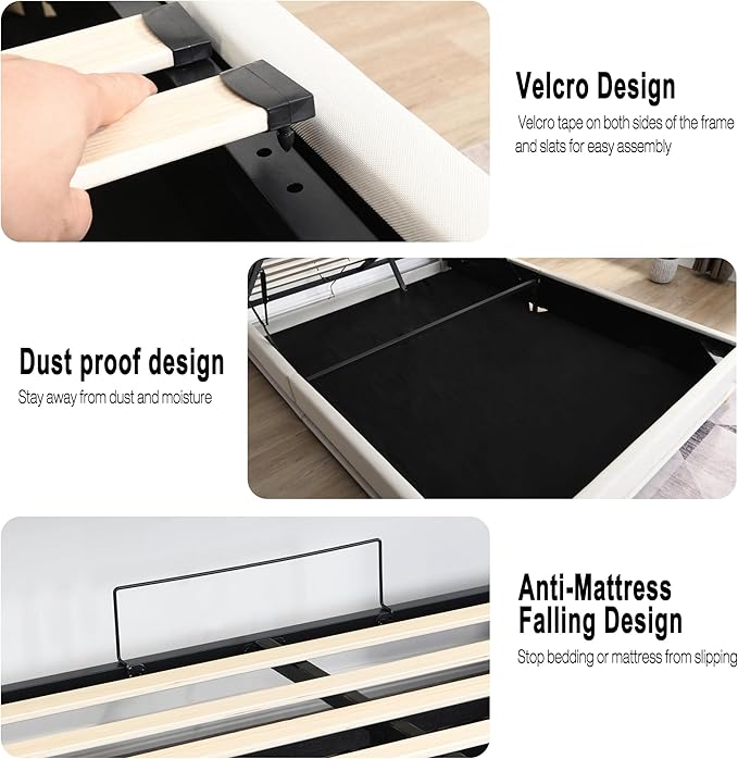 Ailisite Queen Size Lift Up Storage Bed, Upholstered Platform Bed with Button Tufted Wingback Storage Headboard, Bed Frame Queen Size with Led Lights and Charging Station, No Box Spring Needed, Beige | Lift up Storage, breathable material, with led lig...