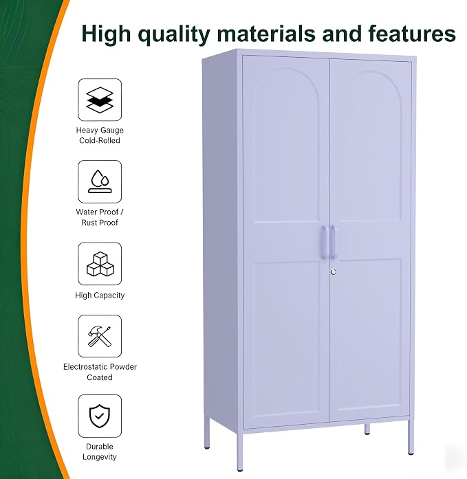 Metal Wardrobe with Lock 67"Clothing Steel Storage Cabinet Locker Hanging Rod And Adjustable Shelves 2 Doors Household kids wardrobe closet Lockers For Bedroom Home Purple Size:67"H X 31.5"W X 18.1"D