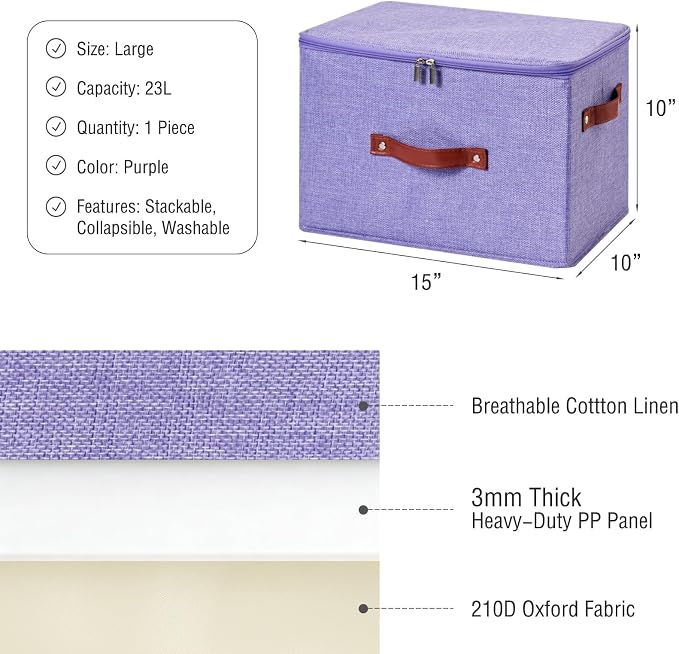 Storage Bin Box with Zippered Lid Cotton Linen Fabric Decorative Basket with PU Leather Handles PP Plastic Board Foldable Lidded Clothing Shelf Closet Organizer Container (Purple, Large)