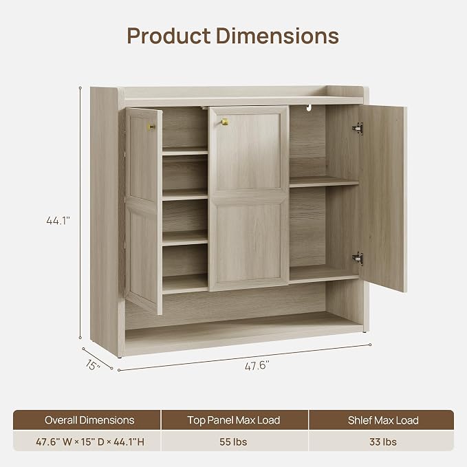 SICOTAS Shoe Storage Cabinet for Entryway, 6-Tier Shoe Cabinet with 3 Doors | 47.6" Wide Extra Large Shoe Cabinet with 3 Doors, Holds Up to 30 Pairs, Adjustable Shelves Shoes Rack Organizer for Hallway