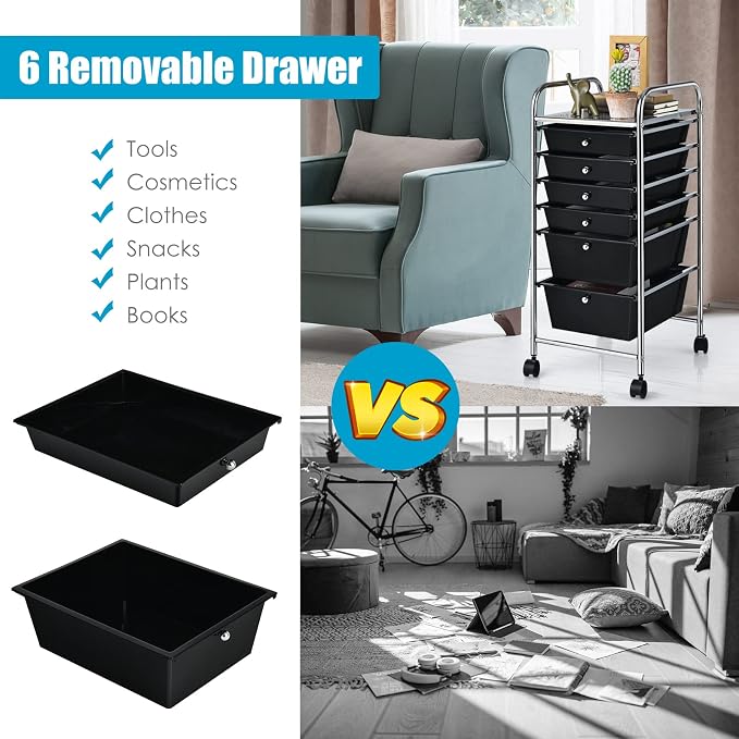 GOFLAME 6-Drawer Rolling Storage Cart, Multifunctional Art Craft Organizer, Mobile Utility Storage with Removable Drawers & Lockable Wheels, Craft Cart for Home Office, School, Black