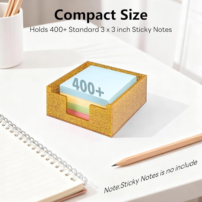 Acrylic Sticky Note Holder 4x4in Tray for Desk, Gold Glitter | Sparkling glitter acrylic tray, fits 3x3 sticky notes, compact organizer for office school and home
