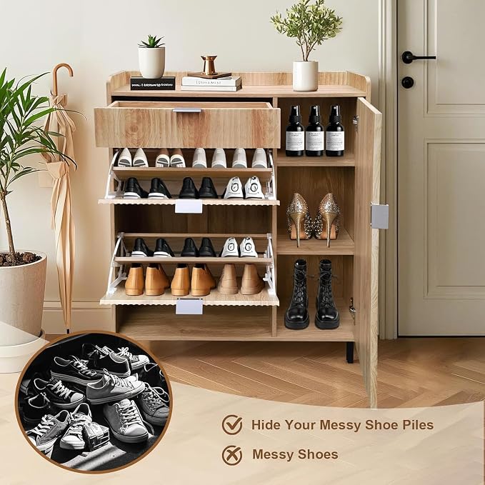 GarveeHome Narrow Wave Pattern Shoe Storage Cabinet with 2 Flip Down Drawers, Freestanding Entryway Shoe Organizer with Adjustable Inner Shelves & Metal Legs for Hallway Bedroom Small Spaces