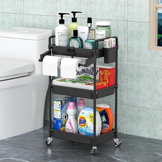 SPACEKEEPER Rolling Storage Cart, 3 Tier Utility Cart Laundry Room Organization Mobile Shelving Unit Bathroom Organizer with Towel Rack, Lockable Wheel, Hooks & Cup for Kitchen Office, Black