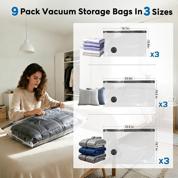 Mapambo Vacuum Seal Bags for Clothing Travel with -60000Pa LED Pump, 9 Pack Travel Cordless Vacuums Bag Set with Pump in 3 Combo Sizes. Vacuums Storage Bags for Clothes (9 Combo)