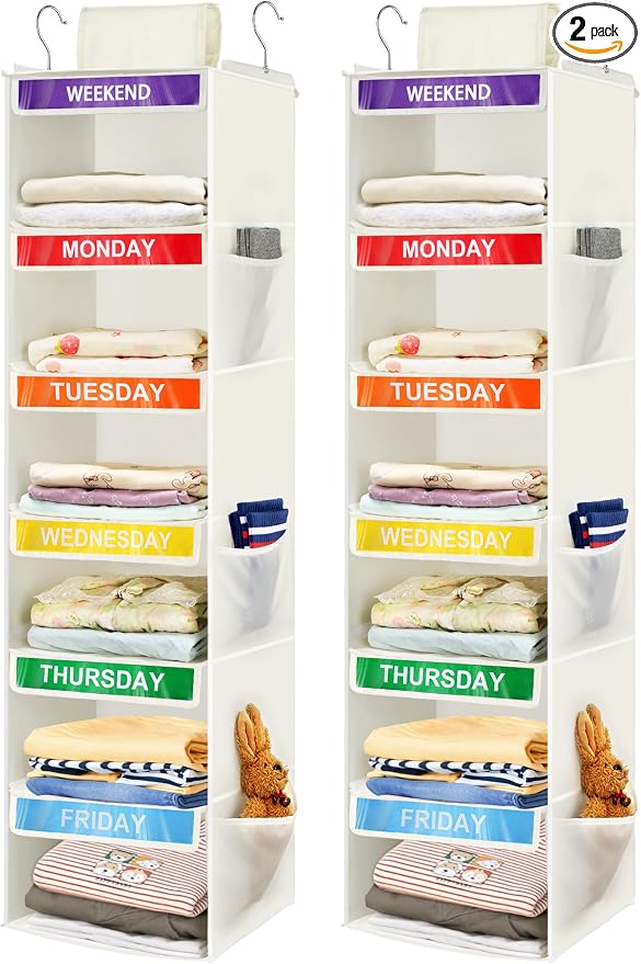 2 Pack 6-Shelf Weekly Clothes Organizer for Kids, Hanging Daily Closet Organization with 6 Side Pockets, Days of The Week Clothing Divider Storage for Boys and Girls (White)