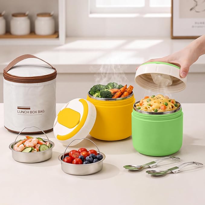 2 Pack 40 oz Insulated Food Jar with 2 Compartments, Stainless Steel Double Wall Vacuum Lunch Box Keep Hot & Cold, Leak-Proof Wide Mouth Soup Container with Spoon & Bag (Green,Yellow)