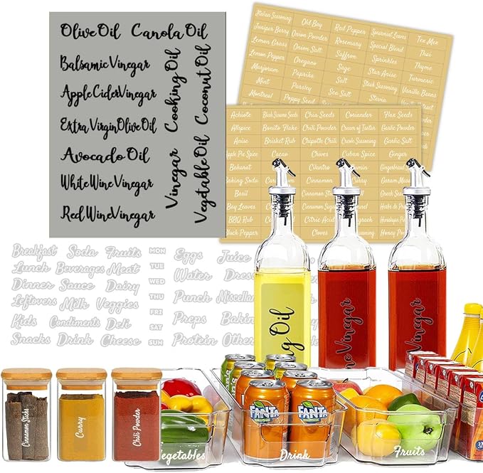 Mintitude Clear Spice Jar Labels, Fridge Labels for Food Storage Containers, Preprinted Script Clear Oil & Vinegar Stickers for Fridge, Freezer and Pantry Water & Oil Resistant (Kitchen Combo)
