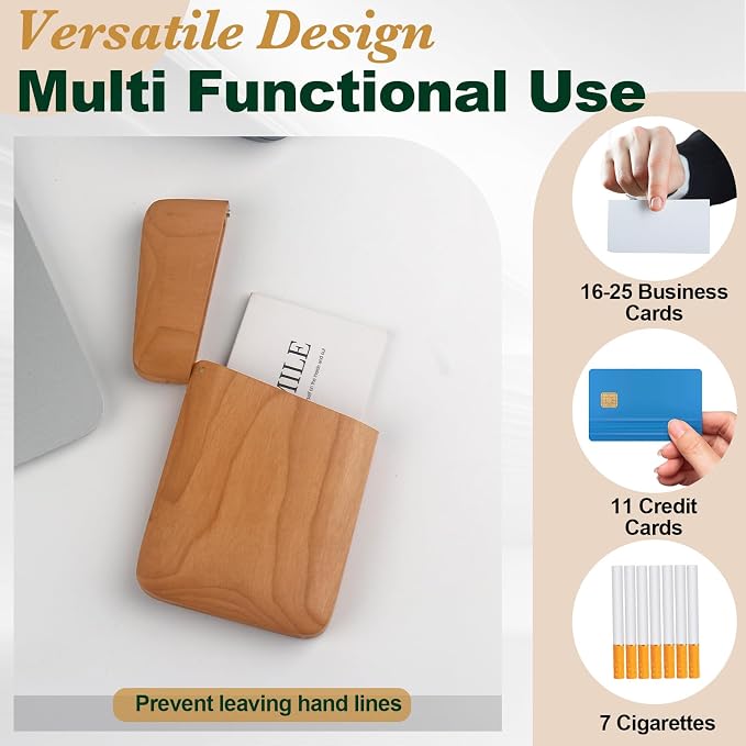 Wood Business Card Holder Wooden Magnetic Business Card Case Portable Simple (Cherry)