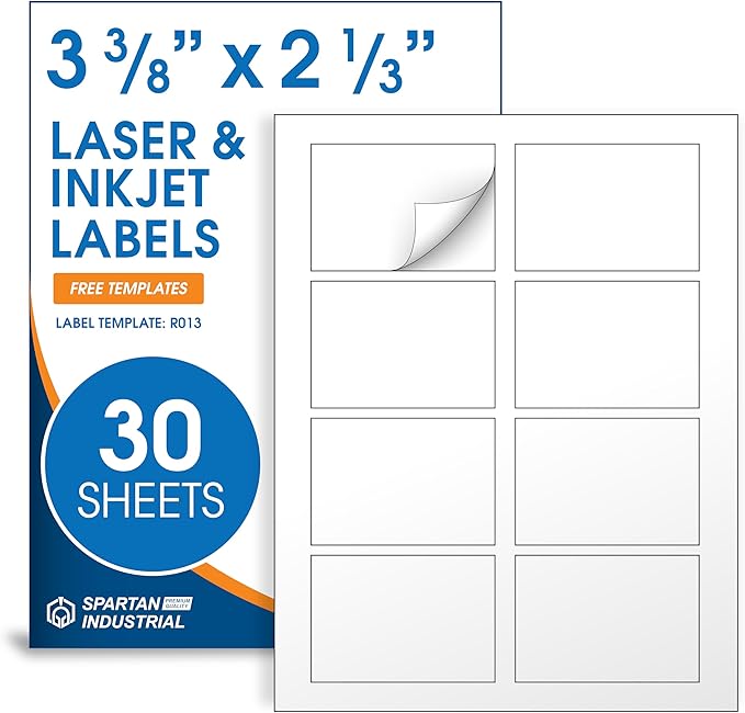 2 1/3" X 3 3/8" Matte White Printable Labels (30 Sheets, 240 Stickers) Name Tag Stickers, Address and Shipping Labels for Laser & Inkjet Printers - Spartan Industrial Template R013