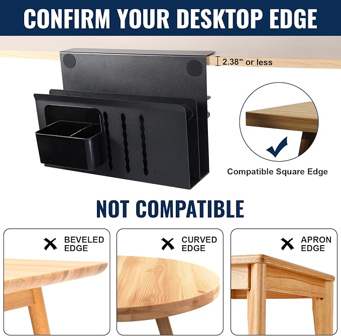 2 Tie Desk Side Storage, Under Desk Storage Organizer, Black | osseph Desk Storage, No Drill Clamp to 0.5-2.38" Desks, Cooling Vents Vertical Rack, Magnetic Pen Holder, 30 Lbs Carbon Steel