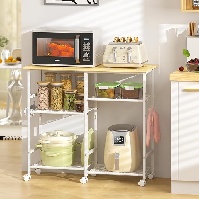 ThreeHio Rolling Kitchen Microwave Cart, 3-Tier Microwave Stand with Adjustable Shelf, Kitchen Storage Island on Lockable Wheels, Coffee Bar Baker's Rack Cart for Living Room, Office, Balcony, White
