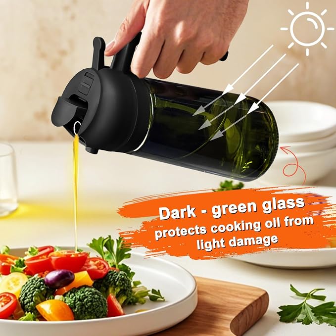 mqnxoi 2 in 1 Glass Oil Sprayer & Dispenser,16oz/470ml Olive Cooking, Air Fryer, and Salad, for Kitchen Gadgets and Air Fryer Accessories, w/Stickers (Black + Dark Green Bottle 2)
