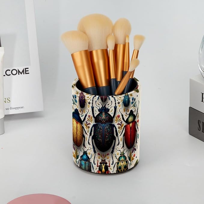Leather Pen Holder for Desk, Circular Beetle Pencil Cup Pen Organizer Makeup Brush Holder for Office Home Kids Countertop Desk Accessory Storage