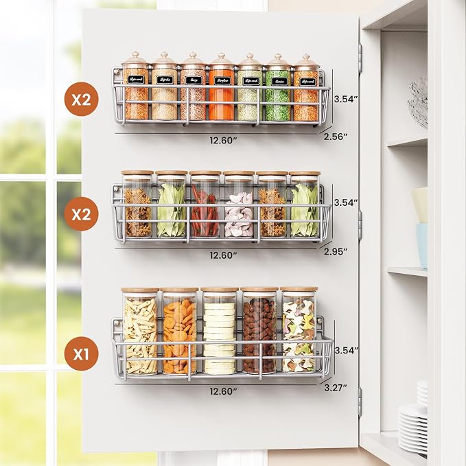 Mystozer 5 Pack Spice Rack Seasoning Organizer Wall Mount, Screw or Adhesive Hanging Shelf Basket Spice Organizer Pantry Organizers Shelf for Kitchen Spice Organization for Cabinet (Silver)