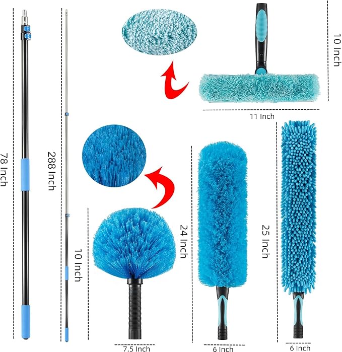30 Foot High Ceiling Fan, Cobweb Duster with 6-24ft Extension Pole | Extendable, Reusable Feather, Window Cleaning Squeegee Kit