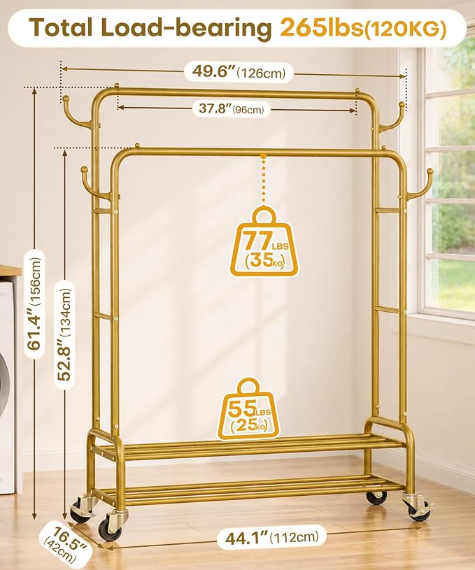 Homde Sturdy Garment Rack for Bedroom: 265 lbs Heavy Duty Clothes Organizer | 2 Hanging Rods Hold Coat to T-Shirt - Easy Roll & Park on Wheels - Metal Frame Stays Solid & Stable at Full Load