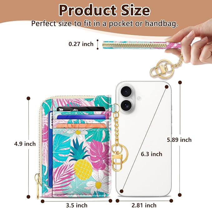 GIANCOMICS Slim Wallet Credit Card Holder Women, Tropical Pineapple Rfid Blocking Small Card Case, Keychain Thin Pocket Curved Zipper Wallet, Travel Card Holder PU Leather, Ladies Female Gift