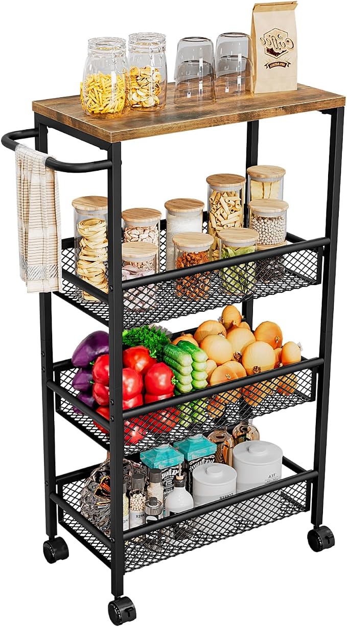 AZERPIAN Slim Rolling Cart 4 Tier Narrow Storage Cart on Wheels with Metal Handle for Kitchen Dining Living Home Laundry Room