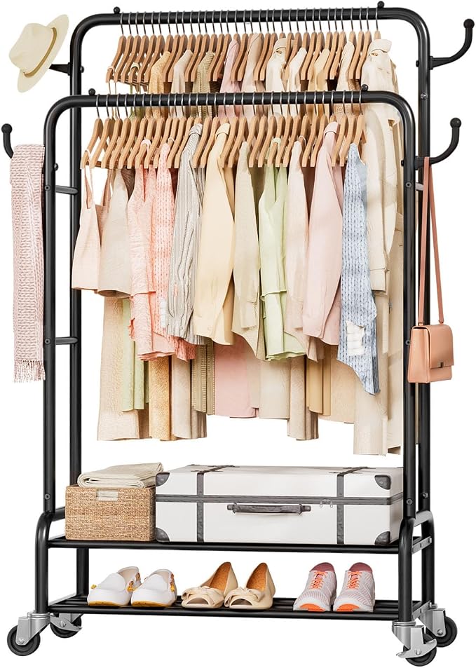 Homde Sturdy Garment Rack for Bedroom: 265 lbs Heavy Duty Clothes Organizer | 2 Hanging Rods Hold Coat to T-Shirt - Easy Roll & Park on Wheels - Metal Frame Stays Solid & Stable at Full Load