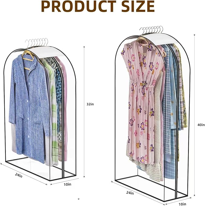 Upgraded Thickened Clear Garment Bags for Hanging Clothes 4 Packs, 10“ Gusseted Clothes Hanging Storage Bags for Closet, Shirts, Coats, Dresses (32 & 40 inch)