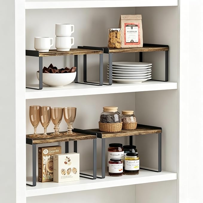 Goozii Kitchen Cabinet Shelf Set of 4, Cupboard Shelves for Plates Dishes Cups Mugs Spices, Pantry Cupboard Cabinet Organizers and Storage Shelves Rack Insert for Countertop (Brown)