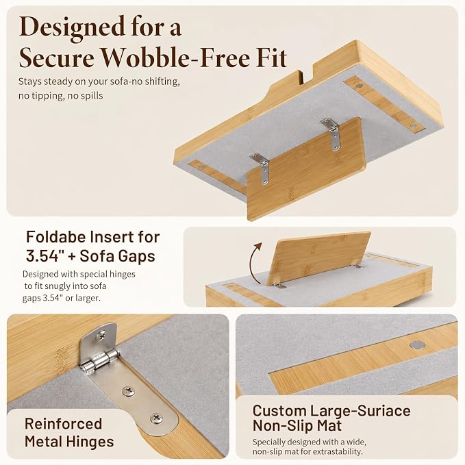 2 in1 Couch Tray with Cup Holders and Drawer Storage | Bamboo Sofa Tray Table ,Sofa Organizer Insert Between Cushion/Flat Use,Couch Caddy for Drink,Snack,Living Room Accessories