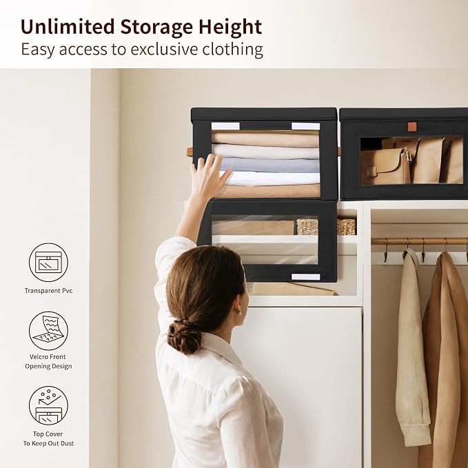 Homsorout Large Closet Storage Bins - Collapsible Clothes Organizer with Handles & Window, Decorative Boxes with Lids, Linen Closet Organizers for Living Room, Dorm, 5 Pack, Black