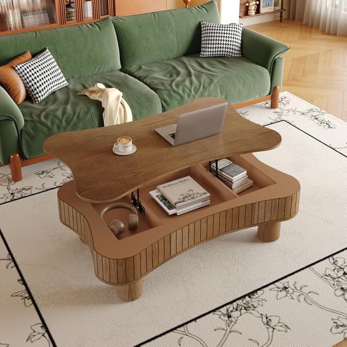 Lift Top Coffee Table with Hidden Storage Fluted Panel Silent Hydraulic Lift Curved Corners (Walnut)