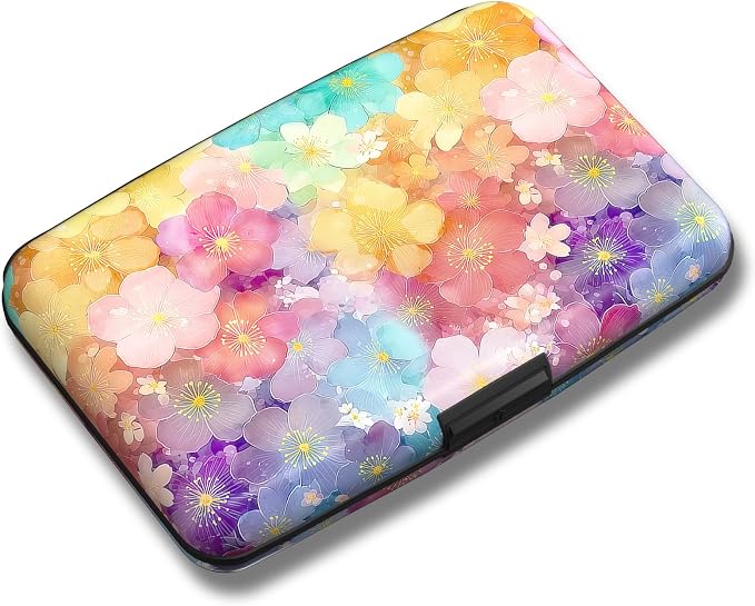 Maicican Credit Card Holder, Mini RFID Blocking Aluminum Wallet | Slim Metal Hard Case Travel Wallet ID Case for Women and Men, 4.3 x 2.9 Inches, Cherry Blossoms