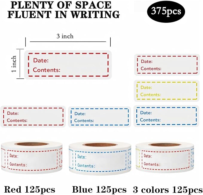 Freezer Labels 375pcs - 3"x1" Self-Adhesive Removable Food Labels | Write-On Waterproof & Oil-Proof Tape for Containers, Meal Prep & Pantry Organization (3 Rolls, 3 Colors) | BPA-free waterproof stickers leave zero residue. Safe for freezer, microwave ...