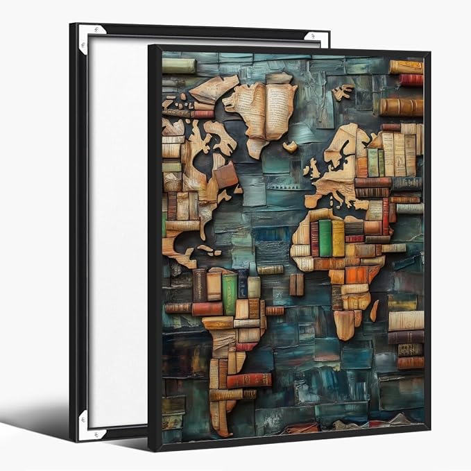 World Map Book Adventure Vintage Library Art Aesthetic Poster Canvas Wall Art Decoration Living Room Home Decor Bedroom Decoration Poster black framed12x18inch